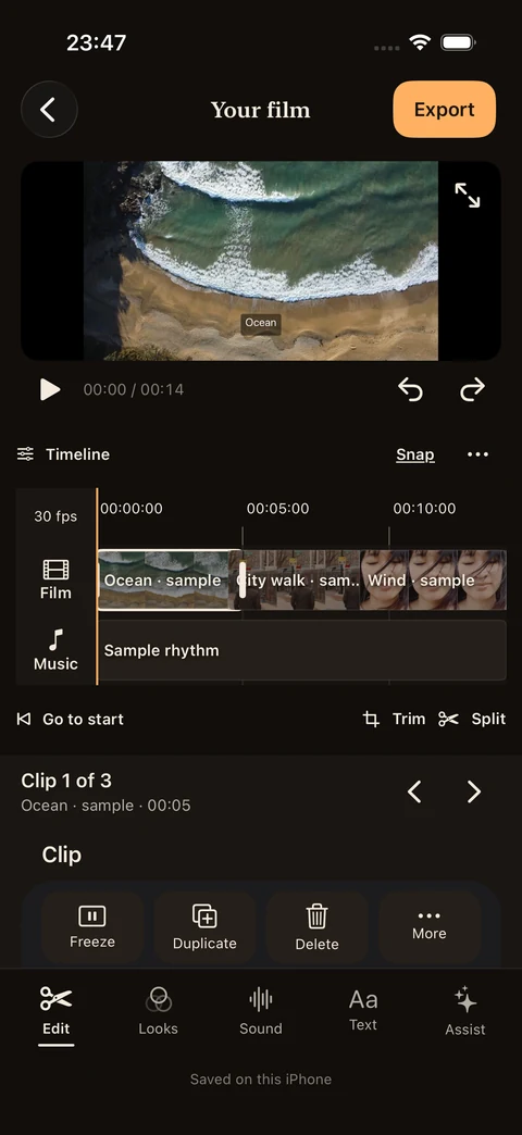 Upcoming PixLux editor with video preview, a multi-clip timeline and Edit, Looks, Sound, Text and Assist tools